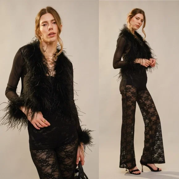 Elegant Black Feathered Women's Top - Picture 2 of 7